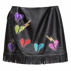 KurtMen Leather Fringe Black Wrap Skirt Heart Lightning Accents M/L Sizes 10-14